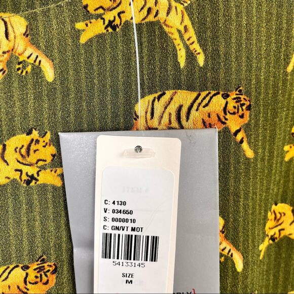 Anthropologie Conditions Apply Olive Green Tiger Print Ruffle Sleeve Dress - Picture 7 of 15